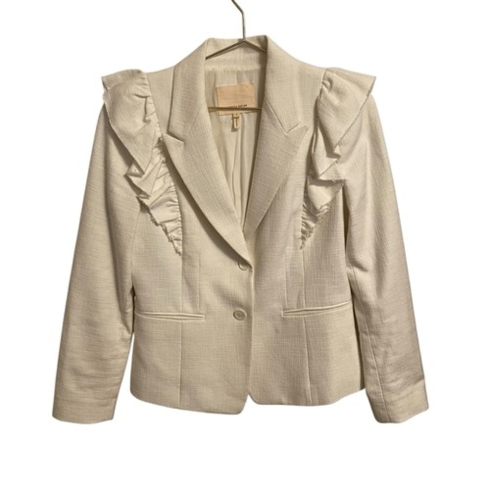 Rebecca Taylor Cream Ruffle Trim Textured Cotton Blend Blazer Jacket Size 6
